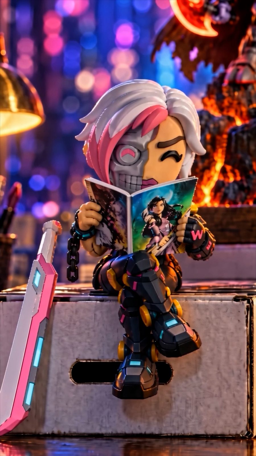 A half-robot collectible figure reading a comic